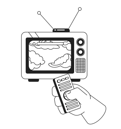 Dreamy Clouds On Old Television Black And White 2 D Illustration Concept Changing Program With Clicker Isolated Cartoon Outline Character Hand Cumulus Forecast Weather Metaphor Monochrome Vector Art Illustration