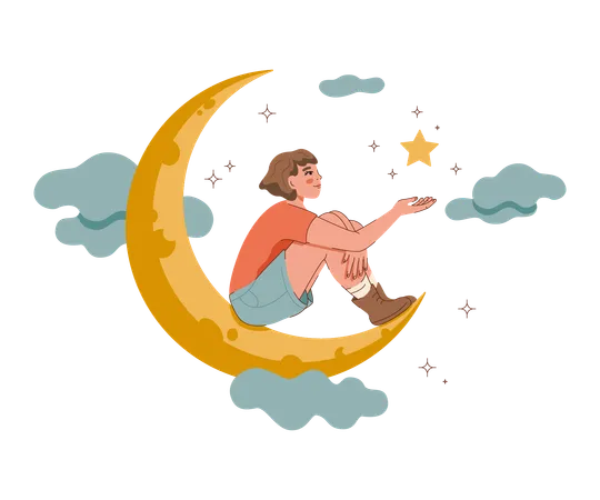 Dreamy girl fantasizes about opportunity to sit on crescent moon and hold star with firmament  일러스트레이션