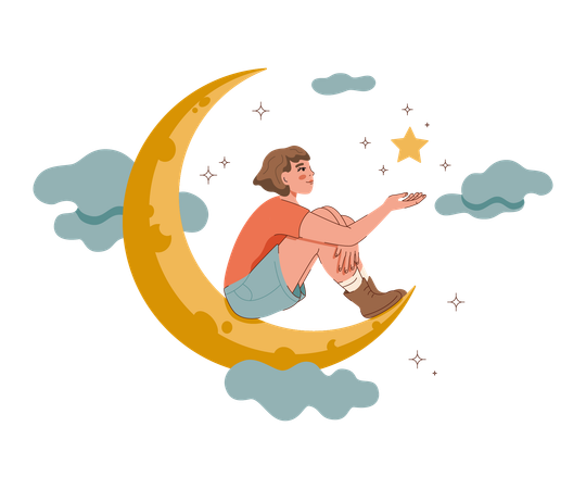 Dreamy girl fantasizes about opportunity to sit on crescent moon and hold star with firmament  Illustration