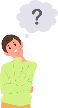 Dreamy smiling boy with question mark thinking touching chin with finger  Illustration