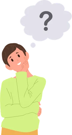 Dreamy smiling boy with question mark thinking touching chin with finger  Illustration