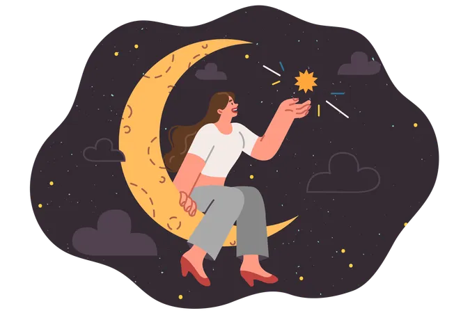 Dreamy Teenage Girl Dreams Of Sitting On Moon And Holding Star In Hand Admiring Beauty Of Night Sky Dreams Of Beautiful Woman Fantasizing About Possibility Of Traveling Around Universe Illustration