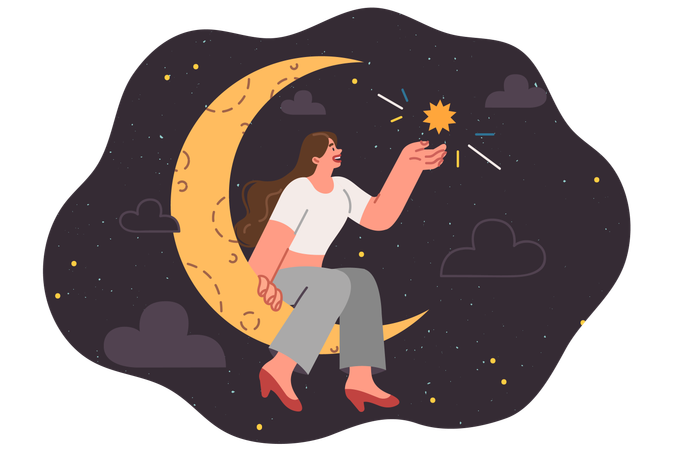 Dreamy teenage girl dreams of sitting on moon and holding star in hand  Illustration