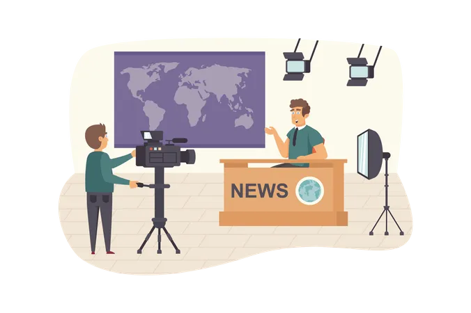Dreharbeiten zu einer Weltnachrichtensendung im Fernsehen  Illustration