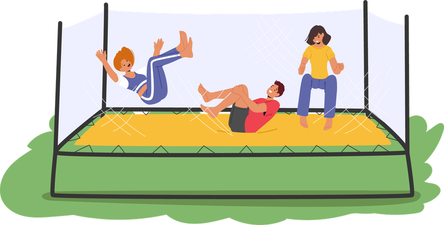 Drei fröhliche Menschen vergnügen sich auf einem Outdoor-Trampolin  Illustration