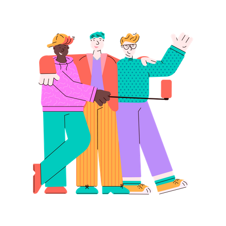Drei junge Männer machen Selfie-Bilder mit Smartphones auf einem Stock  Illustration