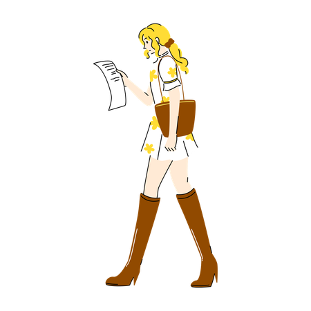 Dress Girl Reading list while Walking with Bag  Illustration