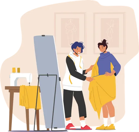 Dressmaker Projecting Dress Wrap Client Woman In Yellow Textile Front Of Mirror In Atelier Workshop Tailor Female Character Sewing Dress Master Working Process Cartoon People Vector Illustration Illustration