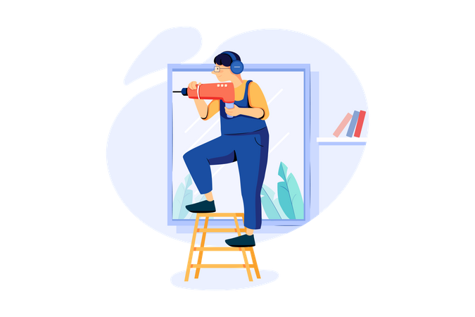 Driller man drilling for window installation  Illustration