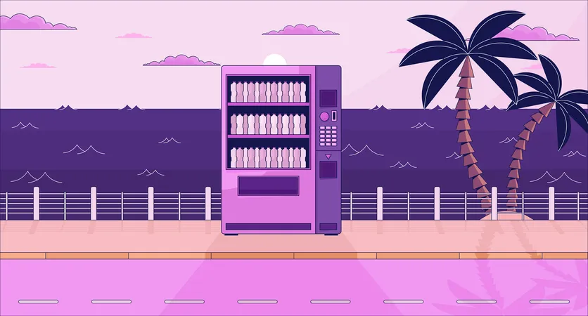 Drink Vending Machine On Dusk Waterfront Lo Fi Aesthetic Wallpaper Beverage Automat On Sundown Quay 2 D Vector Cartoon Landscape Illustration Purple Lofi Background 90 S Retro Album Art Chill Vibes イラスト