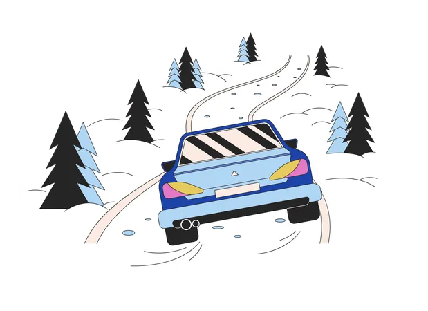 Drive In Snow Blizzard Forest Line Cartoon Flat Illustration Car On Slippery Road Icy Condition 2 D Lineart Object Isolated On White Background Dangerous Road Ice Non Urban Scene Vector Color Image イラスト