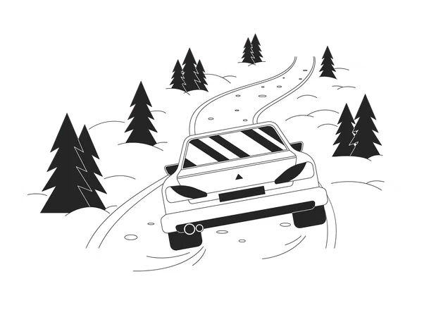 Drive In Snow Blizzard Forest Black And White Cartoon Flat Illustration Car On Slippery Road Icy Condition 2 D Lineart Object Isolated Dangerous Road Ice Non Urban Monochrome Vector Outline Image Illustration