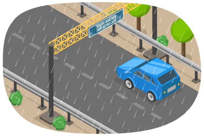 3 D Isometric Flat Vector Illustration Of Bad Weather Driving Conditions Drive Safely In The Rain Season Illustration