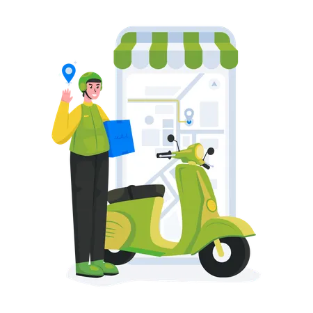 Illustration Of Shipping Driver Arrived On Pin Location Illustration