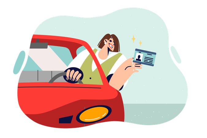 Driver license in hands of woman sitting behind wheel of car  Illustration