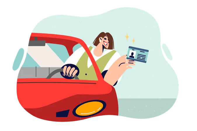 Driver license in hands of woman sitting behind wheel of car  Illustration