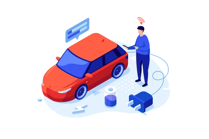 Driver monitoring electric vehicle charging with mobile phone  Illustration