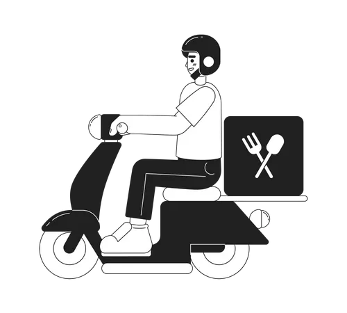 Driver Riding Fast Food Delivery Moped Monochromatic Flat Vector Character Editable Thin Line Full Body Person Simple Bw Cartoon Spot Image For Web Graphic Design Animation Hand Drawn Drawing Illustration