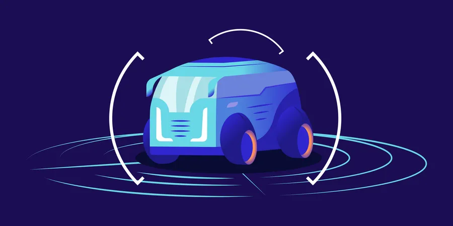 Driverless Car Flat Color Vector Illustration Futuristic Autonomous Transport Framed Self Driving Van On Blue Background Smart Transport Detection System Interface Virtual Showroom Concept Illustration