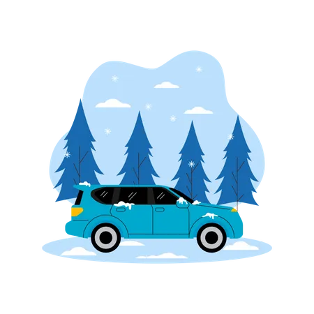 Driving car in snow weather Illustration