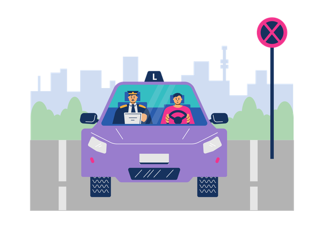 Driving school lesson in purple vehicle  Illustration