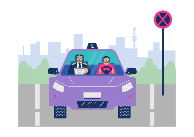 Driving school lesson in purple vehicle  Illustration