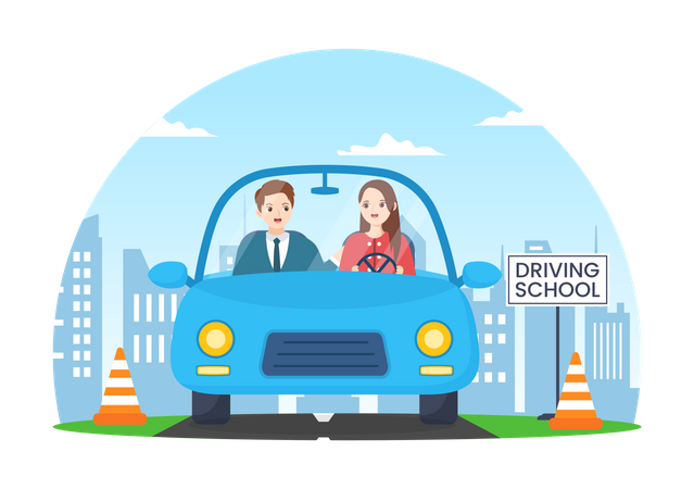 Driving School teacher teaching car Illustration