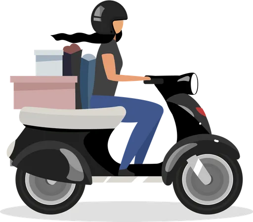 Driving Scooter With Goods Bunch Flat Color Vector Faceless Character Motor Scooter Road Trip Woman Riding Moped Isolated Cartoon Illustration For Web Graphic Design And Animation Illustration