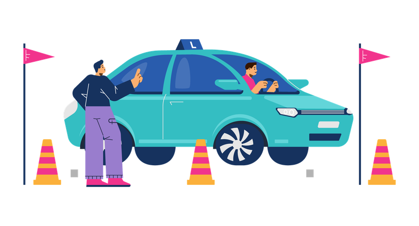 Driving test with driving school student and instructor  Illustration