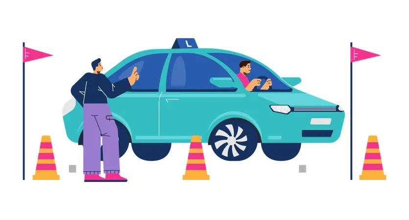 Driving test with driving school student and instructor  Illustration