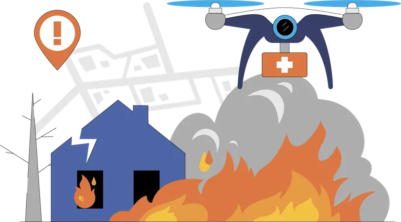 Drohne mit Erste-Hilfe-Kasten fliegt in Brandgebiet  Illustration