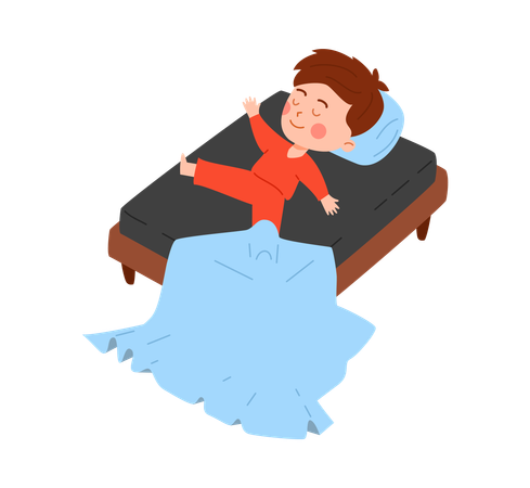 Drôle de petit garçon dormant dans son lit avec une couverture sur le sol  Illustration