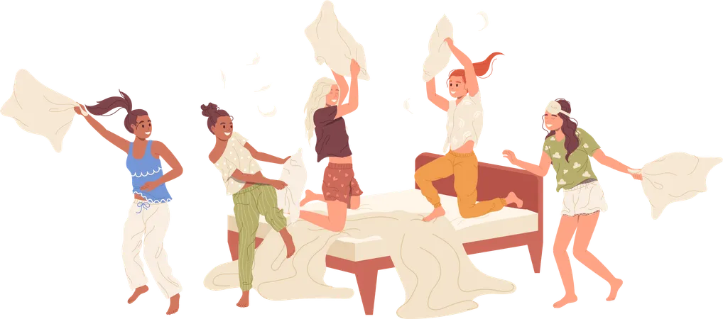Femme joyeuse et drôle, meilleurs amis combattant un oreiller dans la chambre à coucher, profitant d'une soirée pyjama  Illustration