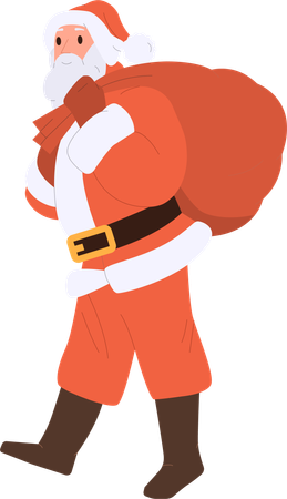 Drôle de père Noël heureux en costume traditionnel rouge portant un sac rouge avec des cadeaux  Illustration