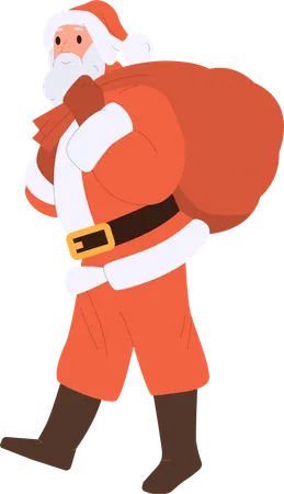 Drôle de père Noël heureux en costume traditionnel rouge portant un sac rouge avec des cadeaux  Illustration