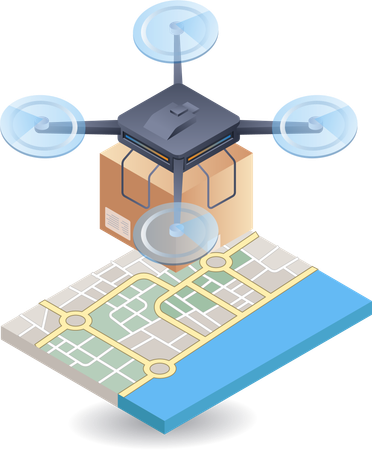 Drone entregando mercancías con mapa de ubicación.  Ilustración