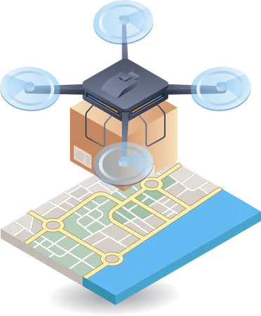 Drone entregando mercancías con mapa de ubicación.  Ilustración