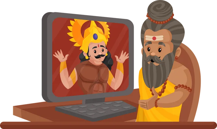 Dronacharya discutant en vidéo avec Arjun  Illustration