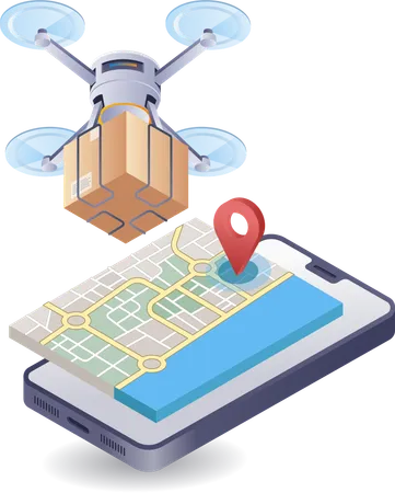 Drone delivers goods with map application  Illustration