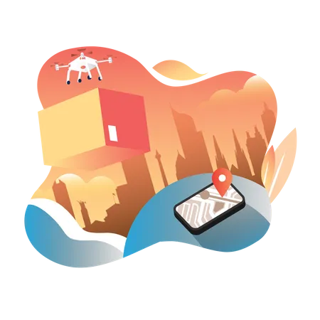 Drone Delivers Parcel Or Packages Through The Navigation System イラスト