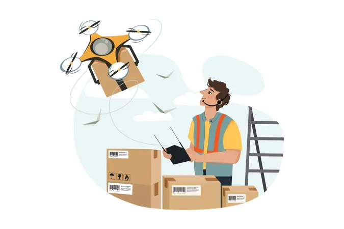 Young Handsome Man Controls Drone For Delivery Illustration