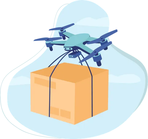 Drone Delivery 2 D Vector Isolated Illustration Carry Cardboard Box Fast Flying Shipment Of Online Order Flat Scene On Cartoon Background Automated Transportation Colourful Scene Illustration