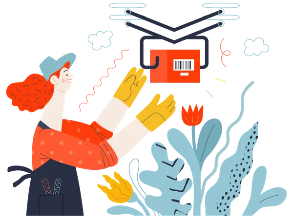 Discounts Sale Promotion Delivery Modern Outlined Flat Vector Concept Illustration Of A Woman Doing Gardening Job Wearing Apron And Gloves Receiving An Online Order Shipped With A Drone 일러스트레이션