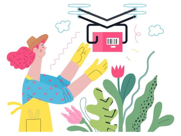 Discounts Sale Promotion Delivery Modern Outlined Flat Vector Concept Illustration Of A Woman Doing Gardening Job Wearing Apron And Gloves Receiving An Online Order Shipped With A Drone 일러스트레이션