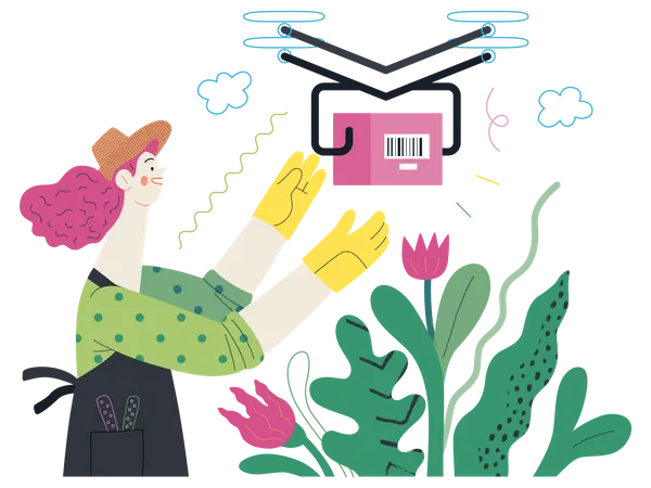 Discounts Sale Promotion Delivery Modern Outlined Flat Vector Concept Illustration Of A Woman Doing Gardening Job Wearing Apron And Gloves Receiving An Online Order Shipped With A Drone Illustration