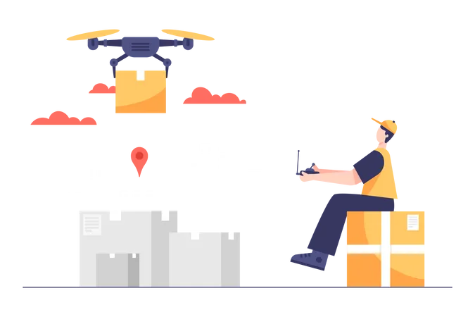 Young Man Working With Drone Delivery Service Technology Cartoon Character Vector Illustrations Drone Delivery Concept Illustration