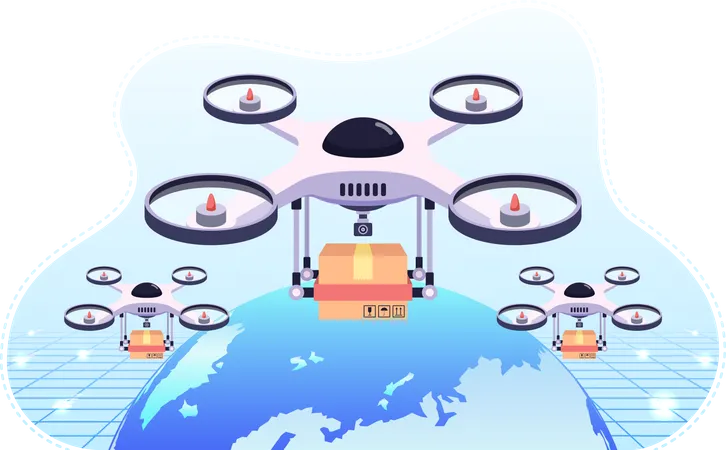 Quadcopter Or Drone Flying Over The World Globe Carrying A Package To Delivery Drone Delivery Business And Shipment Innovation Concept Illustration