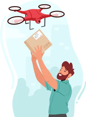 Online Shopping Or E Commerce Business Convenience And Speed Of Drone Delivery Services Concept With Man Receive Parcel With Drone Hovering Above The Recipient Cartoon People Vector Illustration Illustration