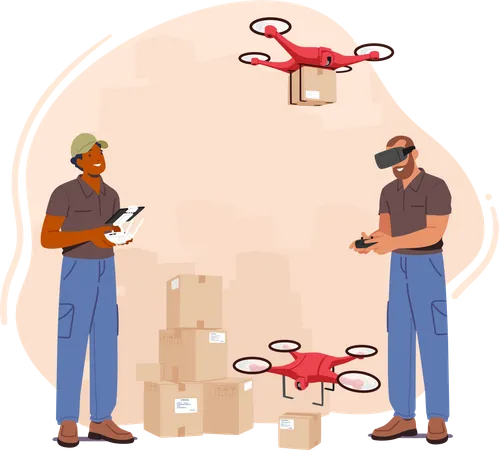 Warehouse Workers Use Modern Delivery System That Employs Unmanned Aerial Vehicles To Transport Package To Customer Doorsteps Convenience Technology For E Commerce Cartoon People Vector Illustration Illustration