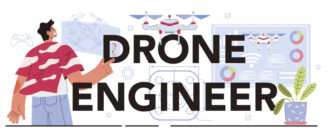 Drone Engineer Typographic Header Innovative Aerial Vehicle Engineering Piloting And Flight Control Center Remotely Piloted Aircraft Flat Vector Illustration Illustration